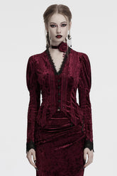 Red V Collar Long Puff Sleeves Women's Gothic Blouse